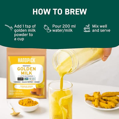 HANDPICK Golden Milk Powder with Turmeric - (7oz, 80 servings) Instant Latte Mix | Blend of Ginger, Black Pepper and Curcumin