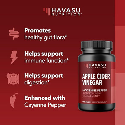 HAVASU NUTRITION Apple Cider Vinegar Capsules with 500mg Apple Cider Vinegar and 20mg Cayenne Pepper - Bloating Relief and Appetite Suppressant; Non-GMO; 60 Capsules for Men and Women
