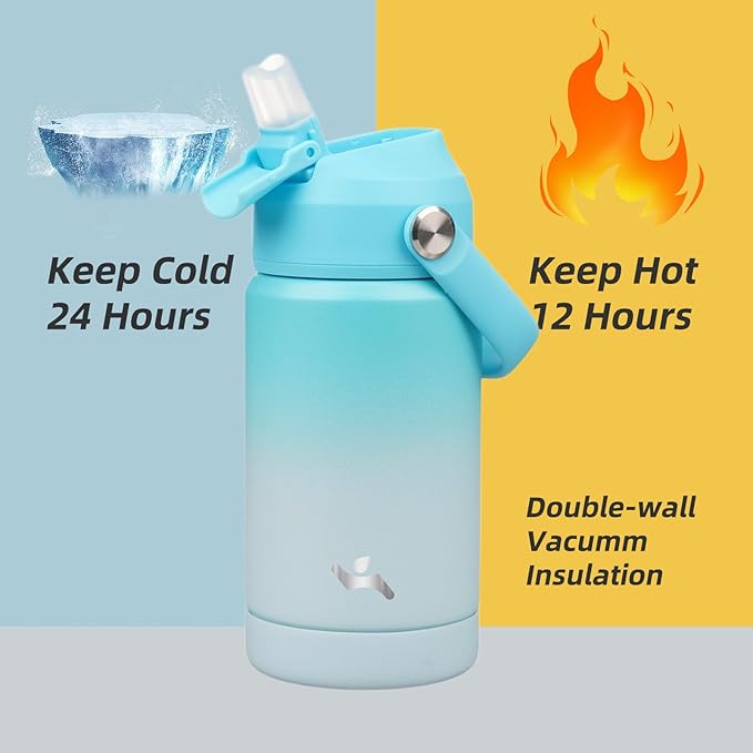 Insulated Water Bottle with Straw Lid,12 oz Stainless Steel Vacuum Metal Bottle with Silicone Handle,Sea Salt