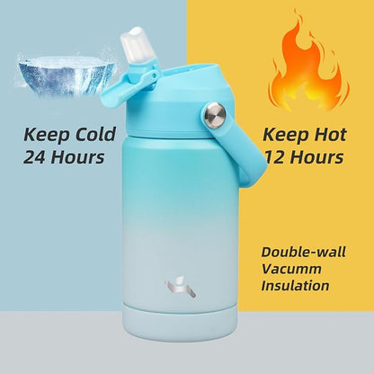 Insulated Water Bottle with Straw Lid,12 oz Stainless Steel Vacuum Metal Bottle with Silicone Handle,Sea Salt