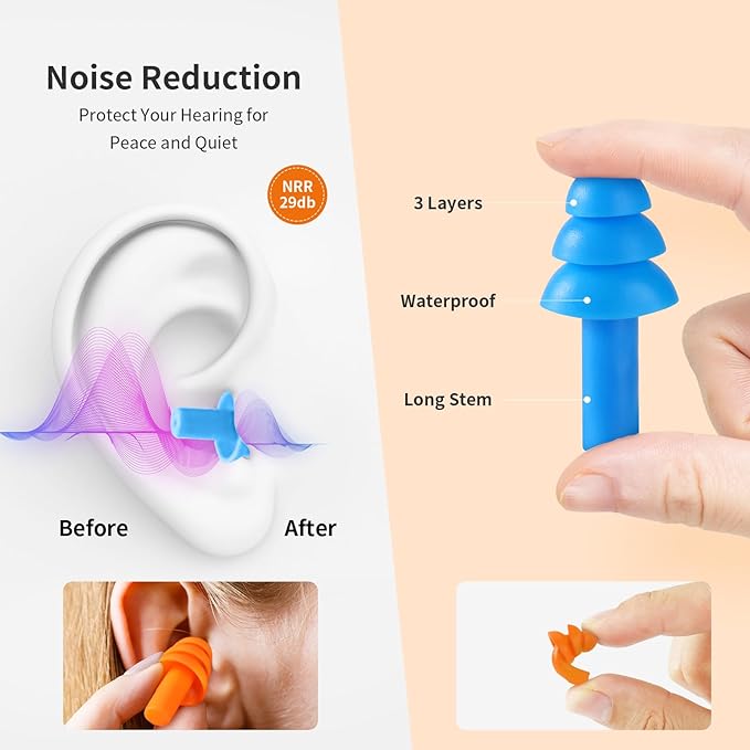 Ear Plugs for Swimming, Soft Ear Plugs for Sleeping Noise Cancelling, Reusable Ear Plugs for Noise Reduction, Ear Protection, Silicone Earplugs for Swimming, Sleeping, Snoring, Work, Concerts, 8 Pairs