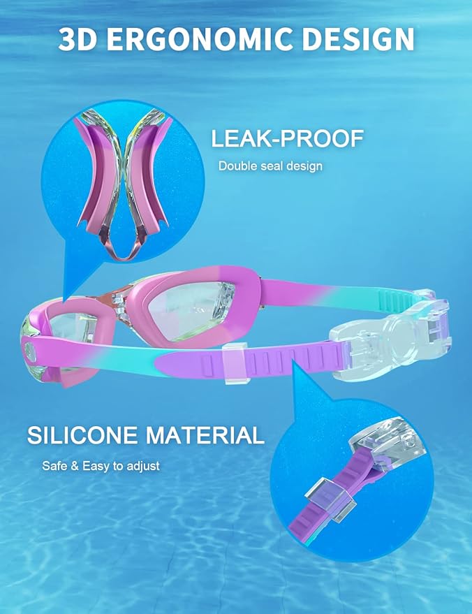 Kids Swim Goggles, Swimming Goggles for Kids with Nose Clip, Earplugs, Nose Bridge for Age 3-15