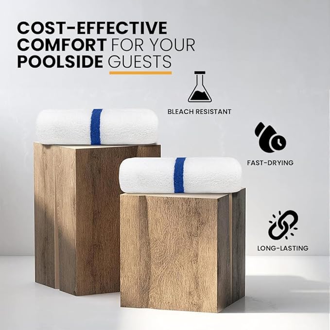 Blue Center Stripe 120 Bulk Towels (22x44) – Economical Soft & Absorbent Bulk Pool Towels for Hotels - Lightweight & Quick Drying White Bath Towels Bulk for Gym & Salon - Durable & Fade Resistant