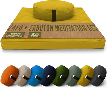 Bean Products Meditation Cushion Mat Set - Zafu Floor Pillow Organic Buckwheat Pillow + Cotton Filled Zabuton Prayer Pad - Meditation Pillow Yoga Knee Pad - Made in USA - 14" Round or 18" Oval