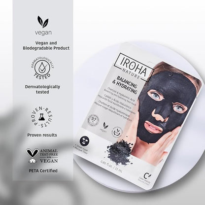IROHA NATURE Face Masks - Packs for Better Skin (Pack of 5, Rebalancing & Hydrating Tissue Face Mask with Charcoal & Hyaluronic Acid)