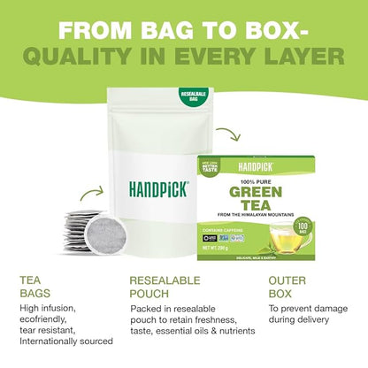 HANDPICK, Green Tea Bags - 100 Eco-Friendly Tea Bags | Resealable Pack for Freshness | Delicate & Flavory | Direct From India