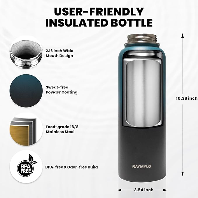 Insulated Water Bottle 40 oz, Triple Wall Vacuum Stainless Steel (Cold for 48 Hrs), Leak Proof & Non-BPA, Modern Water Flask Jug with Paracord Handle & Straw Spout Lids, Indigo/Black