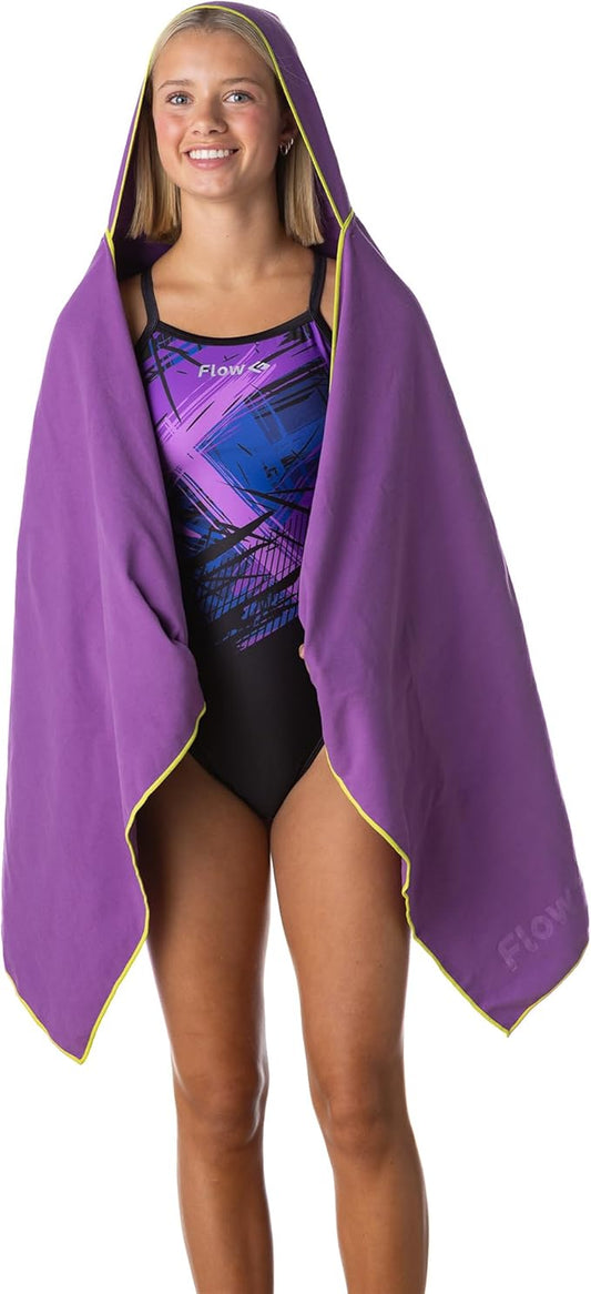 Flow Hydro Sport Towel - Microfiber Quick Dry Swimming Towels for Swim, Pool, Triathlon, and Other Water Sports in Medium, Large, Extra Large, and Hooded Sizes (Purple, Large w/Hood)