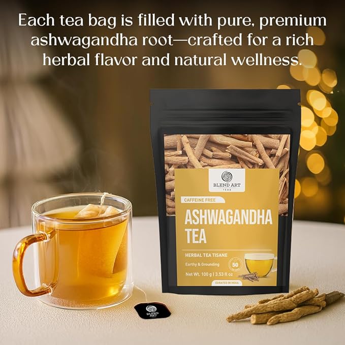 BlendArt Teas - Ashwagandha Root TeaBags - 50 Count - Pyramid Tea Bag |Ancient Adaptogen Superfood for Men and Women | Helps in Relive Stress | Promote Cleansing & Wellness | Caffeine Free | Ziplock Pouch