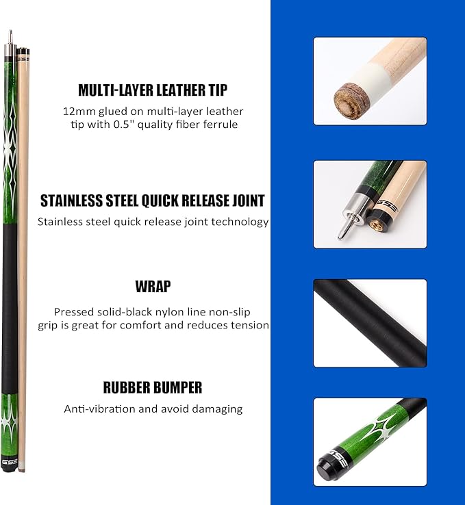 GSE Games & Sports Expert 58" 2-Piece Canadian Maple Hardwood Billiard Pool Cue Sticks for Men/Women, House or Commercial/Bar Use (Several Colors, Weight 18oz, 19oz, 20oz, 21oz Available)