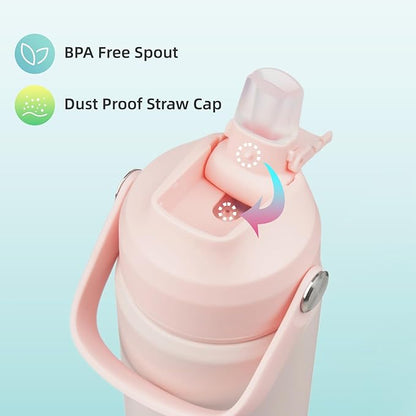 Insulated Water Bottle with Straw Lid,24 oz Stainless Steel Vacuum Metal Bottle with Silicone Handle,Pearl