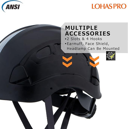 Hard Hats Construction Safety Helmet ANSI Z89.1 Approved OSHA Hardhat, LOHASPRO Vented Men Worker Black Hard Hat with Chin Strap Tree Climbing Rescue Arborist Helmet (P2 Black)