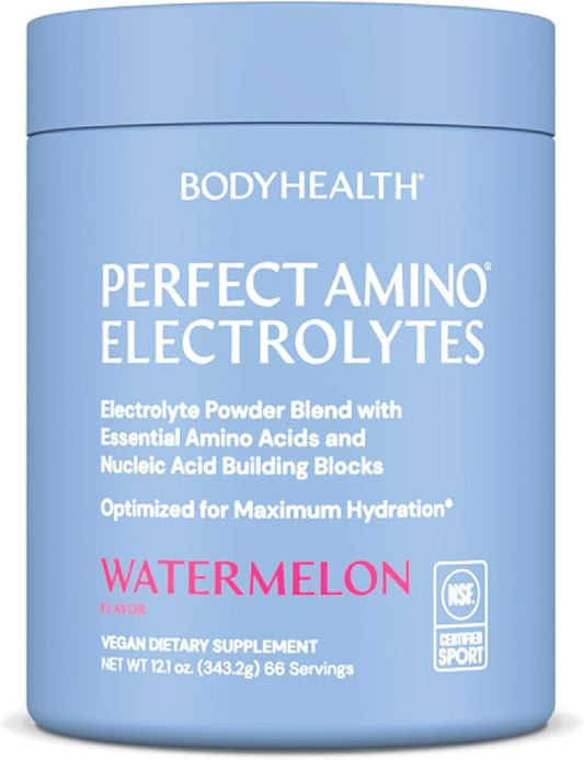 BodyHealth PerfectAmino Electrolytes Powder No Sugar, Hydration Fasting Keto Zero Sugar Electrolytes Drink Mix with Trace Minerals - NSF Certified for Sport - Watermelon - 66 Servings