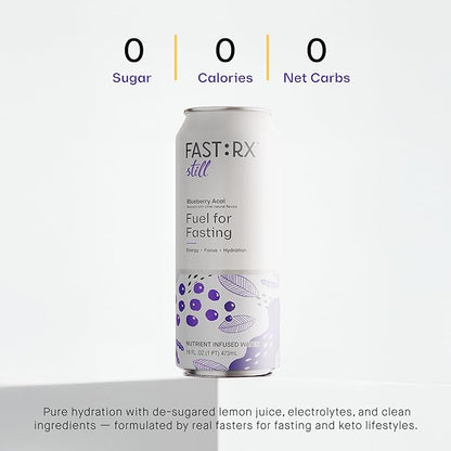FASTRX Blueberry Acai Still Fasting Electrolyte Drink – Hunger Suppressant, Includes Essential Electrolytes and Vitamins, De-Sugared Blueberry Juice – Zero Sugar, 16 Fl Oz, Pack of 12