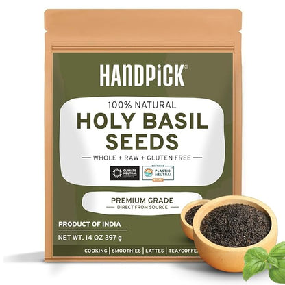 HANDPICK Holy Basil Seeds (397g/14oz) Gluten free, Raw Sabja, Tukmaria Seeds from India, Packed in Resealable Zip Lock Pouch