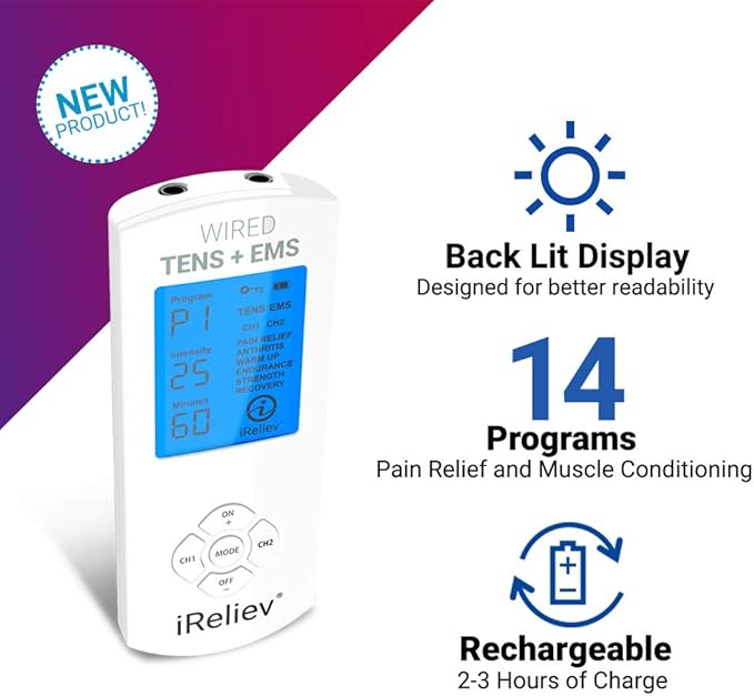 iReliev TENS Unit + EMS Muscle Stimulator Comes with 14 Therapy Modes, Premium Pain Relief and Recovery System, Rechargeable, Large Back Lit Display, Large and Small Electrode Pads