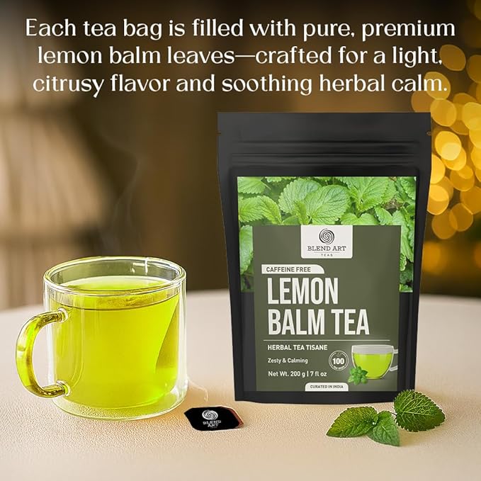 BlendArt Lemon Balm Tea Bags – 100 Count | Caffeine-Free Herbal Tea with Citrus Flavor & Aroma | Pure Lemon Balm Leaves