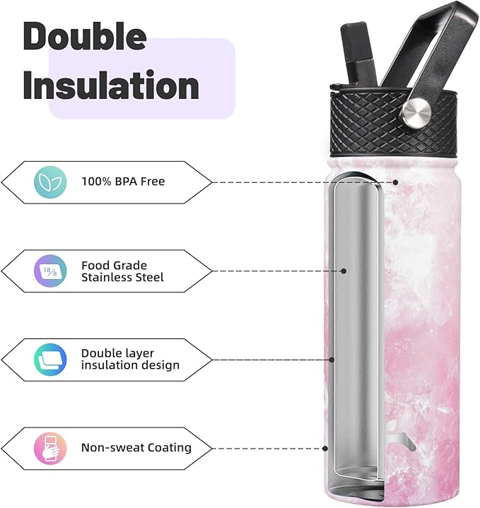 18 oz Insulated Water Bottle Stainless Steel Sport Bottles with 3 Lids,Marble Blossom