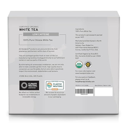 HANDPICK, Organic White Tea - 100 Tea Bags | USDA Organic, 100% Pure White Tea | Mild & Smooth | Packed in Eco-friendly Tea Bags