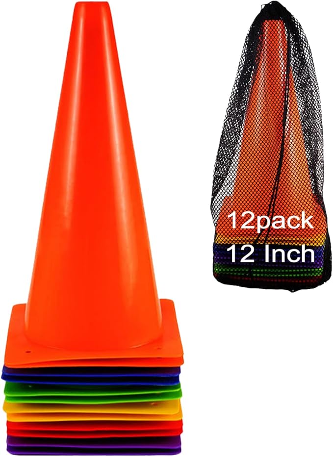 12 Inch Traffic Training Cones, 12 Pack Cones Sports Training Agility Plastic Safety Parking Cones, Agility Field Marker Cones for Soccer Basketball Football, Outdoor Sport Activity