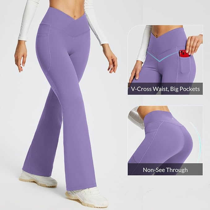 baleaf Women's V Crossover Flare Leggings with Pockets Yoga Pants High Waist Casual Workout Gym Bell Bottom Leggings