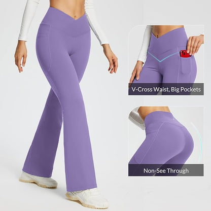 baleaf Women's V Crossover Flare Leggings with Pockets Yoga Pants High Waist Casual Workout Gym Bell Bottom Leggings