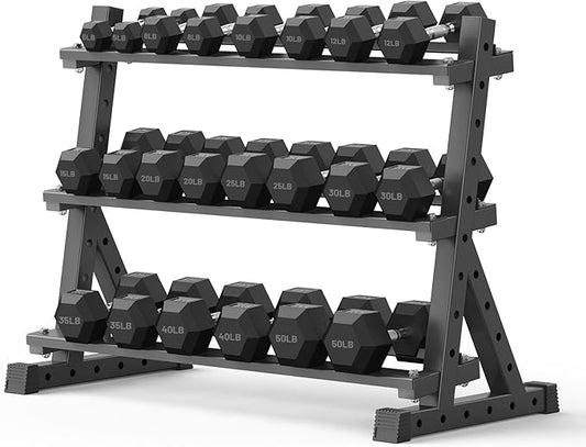 PAPABABE Hex Dumbbell Set with Rack, Rubber Encased Free Weight with Weight Storage Racks, Multiple Weight Options for Home Gym and Fitness