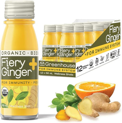 Greenhouse Juice Organic Fiery Ginger Wellness Shots 12-Count 60ml Glass Bottles, Vegan & Gluten-Free