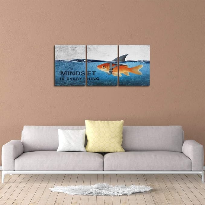 3 Panels Modern Framed Inspirational Canvas Wall Art Goldfish Body Strong Shark Heart Mindset is Everything Motivational Wooden Decor Posters for Office Gym Classroom Home Decoration(48''W x 24''H)