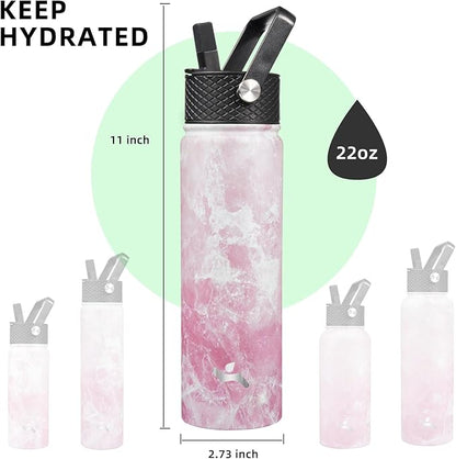 22oz Stainless Steel Bottles with 3 Lids Sport Insulated Water Bottle,Marble Blossom