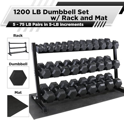 WF Athletic Supply Rubber Coated Hex Dumbbell Set, Multiple Choices Available - Dumbbells with Rack Stand and Mat, or Dumbbells Only (200/550/1200/2100/3000 LB)