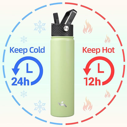 Insulated Water Bottle 24oz Stainless Steel Sport Bottles with 3 Lids,Macaron Green