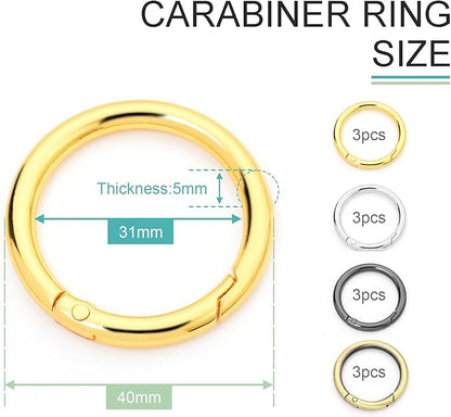 12 Pack 1-1/4Inch Assorted Round Carabiner Snap Clip, Metal Keychain Ring, Spring O Rings for Replacement Purse Strap, Paracord Lanyard Clips, Pet Collar, Keychain Rings Hardware DIY Crafts Making