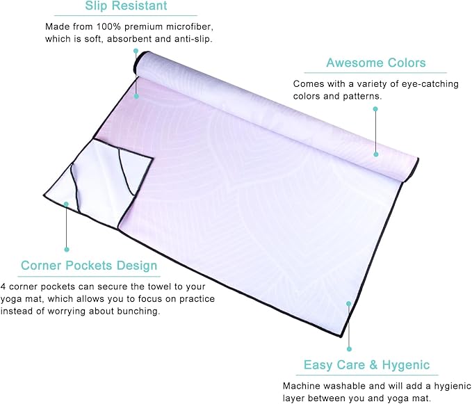 QiyI Yoga Mat Towel with Corner Pockets, Non Slip Sweat Absorbent Hot Yoga Towels, Soft Yoga Blankets with Travel Bag, Skidless Mat Cover for Workout, Gym, Fitness - 70"x26", Purple Mandala