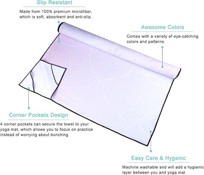 QiyI Yoga Mat Towel with Corner Pockets, Non Slip Sweat Absorbent Hot Yoga Towels, Soft Yoga Blankets with Travel Bag, Skidless Mat Cover for Workout, Gym, Fitness - 70"x26", Purple Mandala