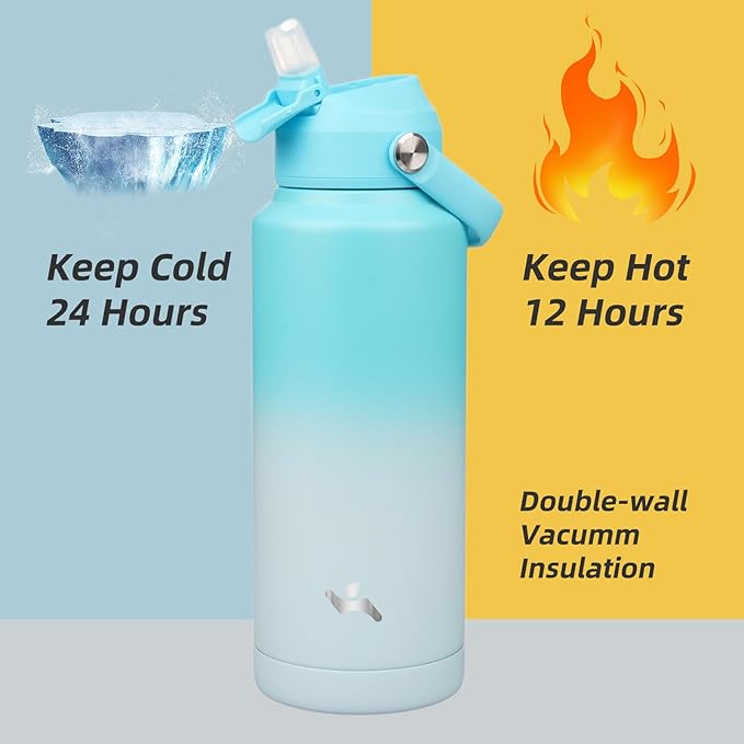 Insulated Water Bottle with Straw Lid,32 oz Stainless Steel Vacuum Metal Bottle with Silicone Handle,Sea Salt