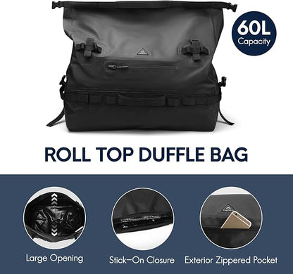 Haimont Large Waterproof Duffel Backpack Roll-Top Heavy Duty Dry Duffle Bag for Boating, Travel, Motorcycle, Kayaking, Camping, 60L