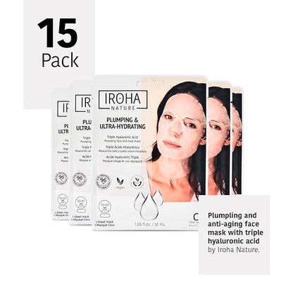 IROHA NATURE Replumping & Anti-Aging Tissue Face Mask (Pack of 15) | With Triple Hyaluronic Acid | Deep Hydration & Anti-Aging Effect | Softer, Calmer Skin | 100% Vegan