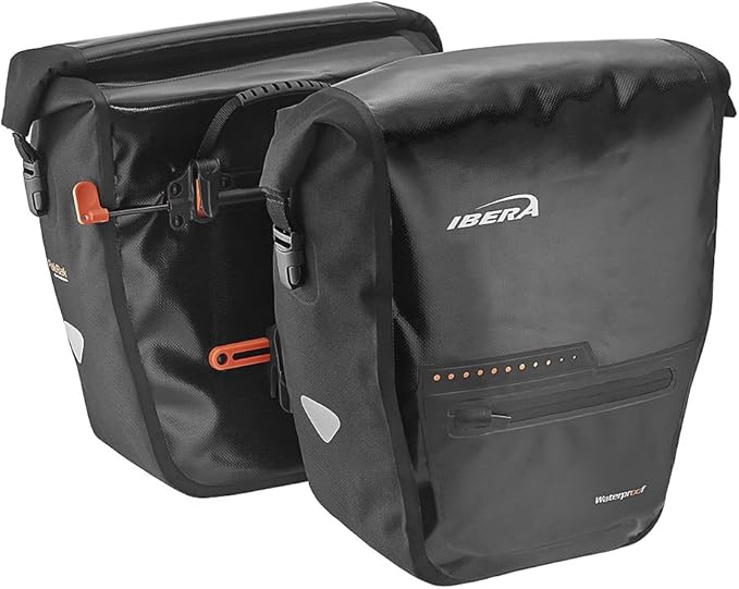 Ibera Panniers Bike Bags 30L (Pair) - Waterproof & with Quick Release/Clip-On System - Bike Saddle Bags For Rear Rack with Rain Cover & 19.8 lbs Capacity - Saddle Bag Bicycle Fits Most Racks (Black)