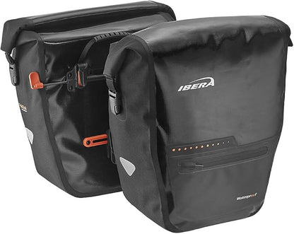 Ibera Panniers Bike Bags 30L (Pair) - Waterproof & with Quick Release/Clip-On System - Bike Saddle Bags For Rear Rack with Rain Cover & 19.8 lbs Capacity - Saddle Bag Bicycle Fits Most Racks (Black)
