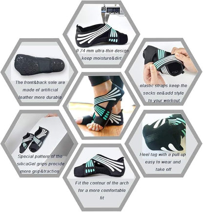 ABIRAM Yoga Socks Toeless Non-Slip Grips & Straps, for Pilates, Barre, Ballet, Bikram, Workout for Women