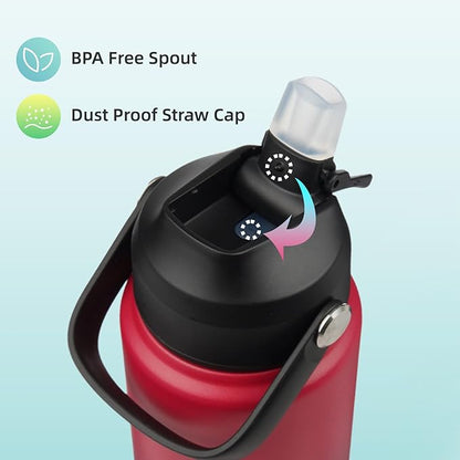 Insulated Water Bottle with Straw Lid,40 oz Stainless Steel Vacuum Metal Bottle with Silicone Handle,Rosy Red