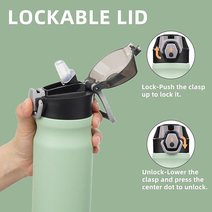 Insulated Water Bottle with Straw and Carry Loop,18 oz Stainless Steel Double Wall Vaccum Metal Water Flask with Leak-proof Lid, Avocado Green