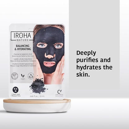 IROHA NATURE Face Masks - Packs for Better Skin (Pack of 5, Rebalancing & Hydrating Tissue Face Mask with Charcoal & Hyaluronic Acid)