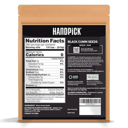 HANDPICK Black Cumin Seed (14oz) Pure Nigella Seeds - No Salt or Preservatives, Non GMO | Indian Black Whole Cumin | Gluten Free, Aromatic & Farm Fresh Kalonji | Resealable Zip Lock Pouch