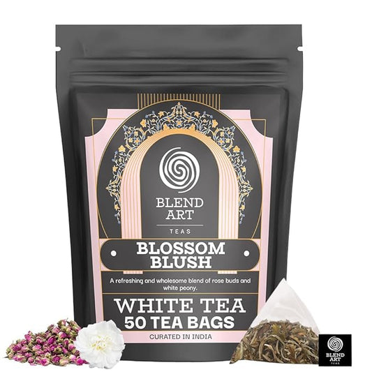 Blendart Blossom Blush Rose White Tea Bags Delicate Caffeinated Tea Made from Fresh Leaves. Natural Premium White Tea Bags -50 Pyramid Tea Bags