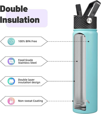 Insulated Water Bottle 24oz Stainless Steel Sport Bottles with 3 Lids,Turquoise