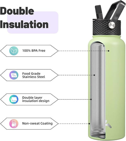 40oz Insulated Water Bottle Stainless Steel Sport Bottles with 3 Lids,Macaron Green