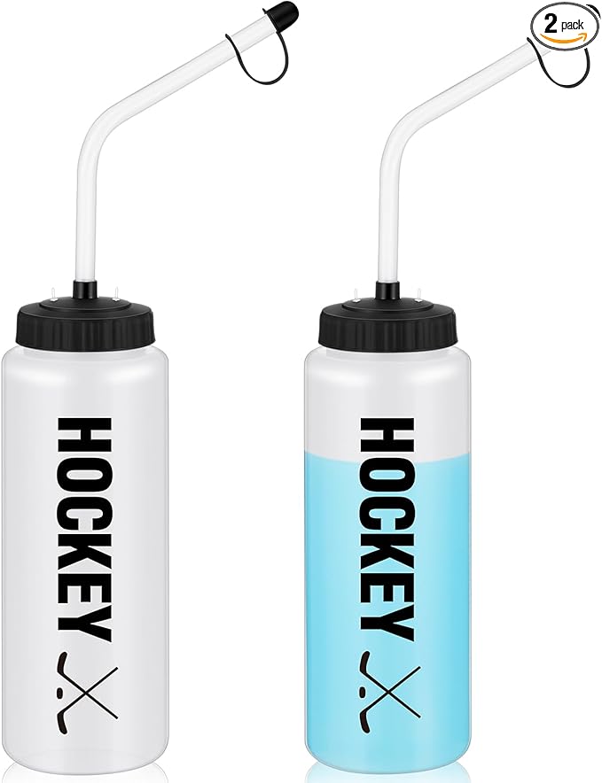 Domensi 2 Pack 1 Liter Sports Water Bottle with Long Straw Hockey Lacrosse 34 Oz Water Bottle Easy Squeeze Plastic Use with Sport Helmet in Football Baseball(Pure Black,Printed)
