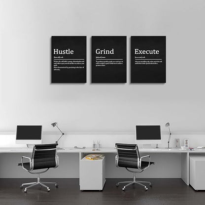 EPHANY Hustle Grind Execute - Wall Hanging Decor, Framed Canvas Office Art, Set of 3 Inspirational Prints